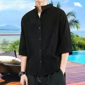 [셀러허브]남자 7부 반팔 루즈핏 린넨셔츠 여름 헨리넥 남방 쿨 셔츠 (S33256345)