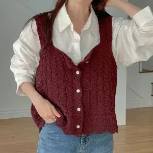 여자 울니트 스퀘어 버튼 스카시 물결 뷔스티에 조끼_3