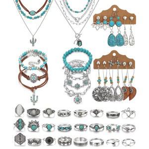 청록색 목걸이, 댕글 귀걸이, 스태커블 뱅글 팔찌, 너클 링이 포함된 IFKM 보헤미안 주얼리 세트 여성 빈티지 웨스턴 기념일 생일 우정 선물