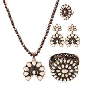 JMScape 여성용 4PCS 웨스턴 터쿼이즈 주얼리 보호 빈티지 나바호 진주 목걸이 귀걸이 팔찌 반지 세트 컨트리 카우걸 액세서리 선물용