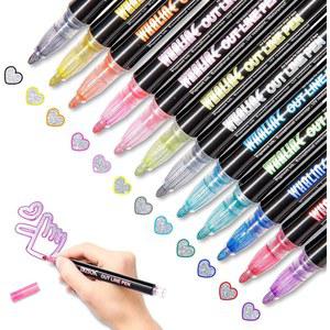 Whaline Outline Shimmer Markers 12가지 색상 더블 라인 아웃라인 10대 소녀 선물용 스타킹 펜 트렌디한 소재 글리터 메탈릭 젤 생일 크리스마스 카드 저널 드로잉 크래프팅용