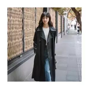 빈티지 여사친 블랙 롱 코트 봄가을 pu 무스탕 가죽 트렌치 스트링 원템3