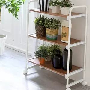 원목 무늬 이동식 선반 바퀴형 수납 거실 이동식 원목 선반 3단 정리대 수납장 진열장 화분 주방