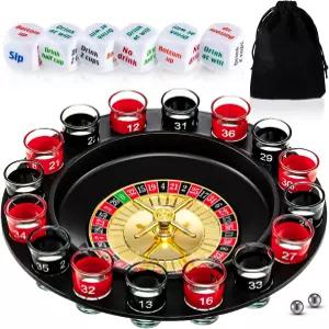 히붐 샷 글래스 룰렛 게임 및 드링킹 주사위 세트 - 성인용 16개와 공 2개 가족 모임 바 파티 용품