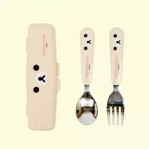 큐티 캐릭터 얼굴 스푼 포크 케이스 세트 핑크 어린이 휴대용 수저 도시락 유아용 스테인리스