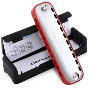 학생용 컨저 블루스 하모니카 성인 초보자를 위한 10홀 다이아토닉 키 오브 C, 황동 리드 메탈 마우스 오르간 케이스, 빨간색