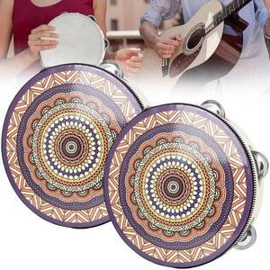8인치 탬버린 2Pcs, 핸드헬드 나무 드럼 벨, 교회 파티용 내셔널 스타일 패턴 핸드벨 드럼, 싱글 로우 징글 타악기 음악 교육용 악기