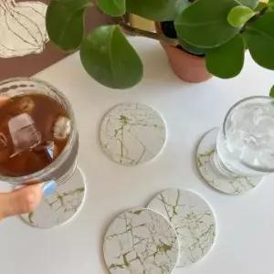 컵받침 마블 티코스터 화이트 컵 코스터 골드 컵받침6p세트