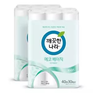 [온누리상품] [깨끗한나라] 2겹 화장지 에코 베이직 40m 30롤 2팩