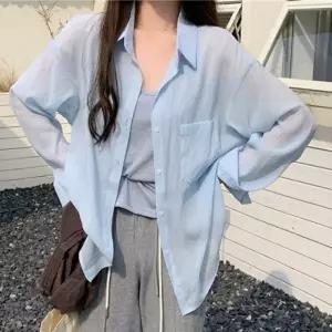 로리에 여성 시스루 셔츠 남방 루즈핏 썸머 긴팔 롱 블라우스 여름 간절기