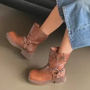 [하프클럽/]여자 패션 가죽 발목 바이크 레더 버클 부츠