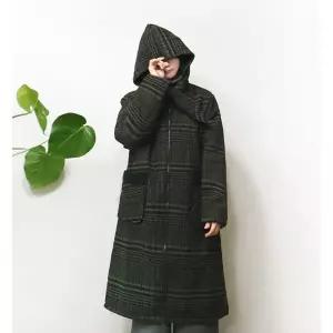 [앞머리]도톰 덤블 리본 후드 체크 롱 코트n1107