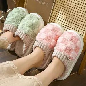 [하프클럽/]겨울 도톰 체크 털 실내화 슬리퍼 사무실 병원 푹신