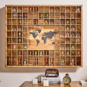 트리스티실리 대형 세계 지도 샷 유리 디스플레이 케이스 102 슬롯 39.37 X 31.69''루스틱 브라운 나무 홀더 2 개 크기 유리, 거실 바 와인 셀러, 보석 돌과 조개껍질에 사용됨