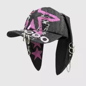 체인 찢청 캡모자 토끼귀 지뢰계 프린트 야구모자 링 별 블랙 고스펑크 퍼플 모자