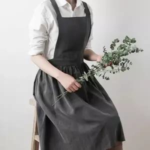 원피스형 앞치마 데일리 어깨형 가드닝 린넨 앞치마 주방 코튼 카페 조절