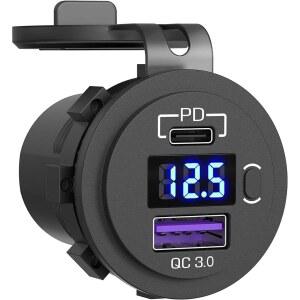 시거잭전압계 차량용 USB C 충전기 소켓, LED 전압계, 켜기/끄기 스위치, 듀얼 USB 소켓, PD3 0 및 QC3 0, 12V, 24V