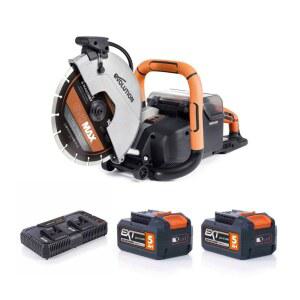 에볼루션 R10DCT-Li 무선 10인치 콘크리트 톱 5Ah 배터리 2개, 듀얼 포트 충전기 및 EVOMAX 다이아몬드 블레이드 깊이 4인치 절단 자동 물 먼지 억제 40V 브러시리스 고강도 절단