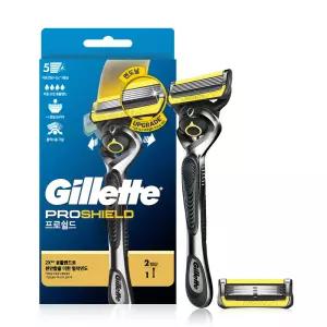 질레트 정품 프로쉴드 옐로우 매뉴얼 면도기 핸들 + 면도날 2p 세트, 1세트