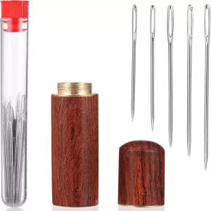 코하드 헤비 듀티 스틸 자수 바늘 세트 25개 손바느질 및 뜨개질용 큰 눈 제작 수선용 나무 케이스 포함