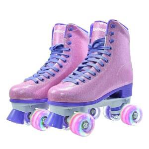 SMOOJOY 여성 롤러스케이트, 하이탑 PU 성인 더비 쿼드 스케이트화 야외용 반짝이는 2열 4륜 라이트 8~50세용 가죽 롤러스케이트