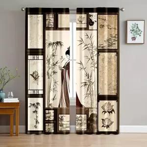 커튼 커튼방 2개 - 커피색 게이샤 대나무 프린트 폴백 홈 데코레이션 룸
