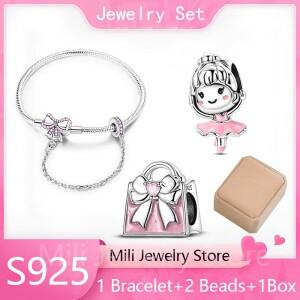 호환상품 4개/조각 주얼리 세트  100% 925 실버 핑크 지르콘 나비 매듭 애완 고양이 강아지 참 브레이슬릿