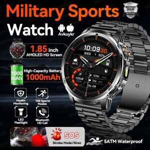 야외용 1000mAh 배터리 성인용 스마트 워치 군용 5ATM 방수 심박수 측정 적색 라이트 손전등 스포츠 남성