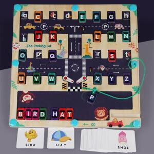 마그네틱 영어 문자 찾기, 자동차 주차 미로 학습 교육 장난감, 컬러 매칭 몬테소리 나무