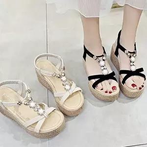 [엄지척]스트랩 017ZJB79 통굽 여름샌들 에스파듀 라탄 웨지힐 샌들힐