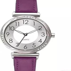 NUOVO 여성용 시계 쿼츠 크리스탈 액센트 퍼플 가죽 밴드 실버 다이얼