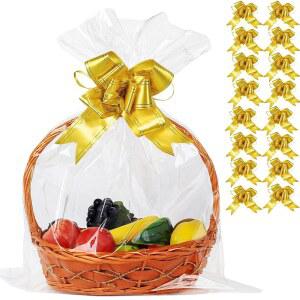 큰 셀로판 백 100팩 18인치 x 24인치 투명 선물 바구니 포장 과일 바구니, 포장, 간식, 예술 및 공예용 두꺼운 셀로백 230만 개, 노란색 리본 100개