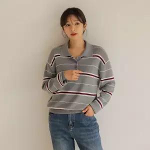 [엘리시아] 벨다 울 줄지 버튼 카라 티