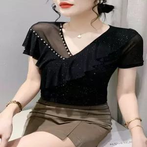 라인댄스복 댄스티 스팽글 줌바 반팔 여성댄스복 상의 브이넥