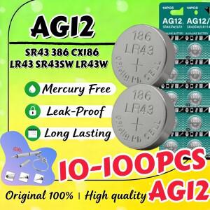 10-100PCS AG12 LR43 시계 배터리 1.55V SR43W SR1142 386 CX186 303 장난감 자동차 키용 알카라인 버튼 셀