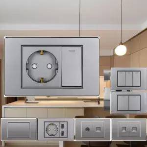 호환  118mm EU 가정용 독일 표준 회색 PC 난연 패널 16A 스위치 조합이있는 2 홀 전원 플 벽 소켓