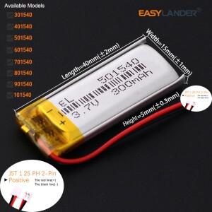 JST1.25 2P 801540 701439 리튬이온 폴리머 배터리 리포 3.7V 300mAh