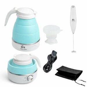 니카오 홈 접이식 전기 주전자, 밀크 프로더와 컵 u2013 여행용 휴대용 티 미니 온수기, 컴팩트한 디자인, 빠른 난방. (아쿠아 블루)