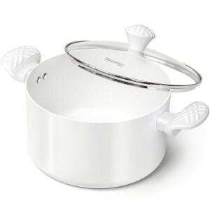 뚜껑이 있는 미켈란젤로 스톡 냄비, 뚜껑이 있는 6쿼트 수프 냄비, 스테이 쿨 핸들이 있는 논스틱 세라믹 요리 냄비, 인덕션 호환 - 6QT, 화이트