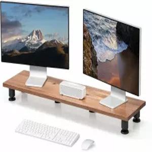 2인용 노르딕 대형 듀얼 모니터 라이저 - 프리미엄 수제 하드우드 아카시아 컴퓨터 책상 액세서리를 보관할