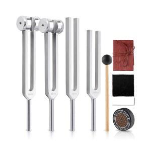 힐링 세트용 튜닝 포크 - 128HZ, 136.1HZ, 256HZ, 384HZ 가중 및 언웨이트, 액티베이터 파우치 포함 차크라 밸런싱, 요가, 명상, 스트레스 에너지 치유를 위한 완벽한 사운드 테라피 키트