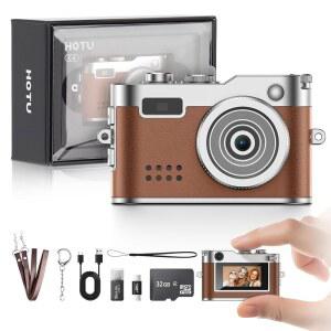 HOTU 미니 디지털 카메라, 키체인 카메라 컴팩트 32G 녹화, 여행, 1080P 브라운 HD, 어린이를 휴대용 2MP 위한 비디오 렌즈, 블로그 플래시, 카드 포함, 레트로