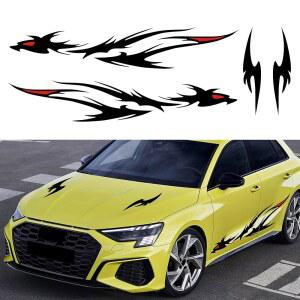 4피스 167.6cm(66인치) 불꽃 그래픽 스티커 액세서리(블랙) 비닐 스커트 데칼 토템 장식 대형 스트라이프 스포츠 바디 드래곤 레이싱 후드 범용 자동차 차량 사이드