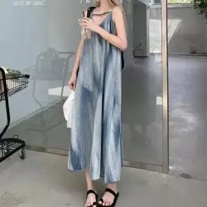 펀칭원피스 끈나시 브이넥 나염 민소매 롱원피스 여름 바캉스룩