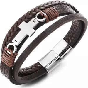 쿨스틸랜드 비욘드 남성 스틸 수평 사이드웨이 측면 플랫 크로스 멀티 스트랜드 가죽 뱅글 브레이슬릿