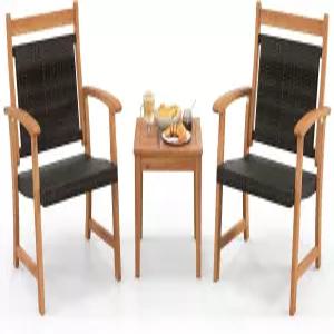 해피그릴 3피스 라탄 우드 비스트로 세트 아카시아 사이드 테이블이 있는 파티오 위커 의자 야드 가든 현관