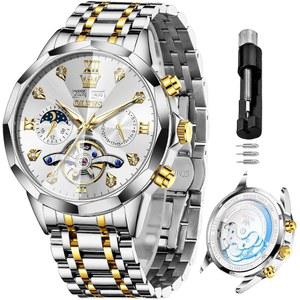 [미국배송] OLEVS 스켈레톤 남성용 자동 비즈니스 럭셔리 다이아몬드 셀프 와인딩 시계 스테인리스 스틸 캘린더 손목시계