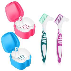 여행 캠핑 사무실용 스트레이너 바구니가 된 Ptwola 2팩 틀니 브러시 목욕 케이스 컵 리테이너 홀더 박스 상자 담금 용기 보관 블루 핑크