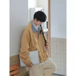 봄 빈티지 추동 체크 남자하프코트 공기층 코트 스웨이드 칼라 재킷 ible3