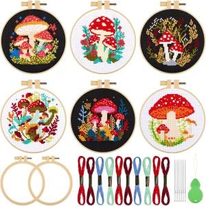 쥬에시카 6세트 초보자용 버섯 십자 스티치 키트 패턴 및 지침 자수 후프 2개 바늘 6개 실 점
